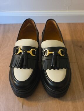 Sezane Black and Cream Tassel Kiltie Loafers with Gold Horsebit